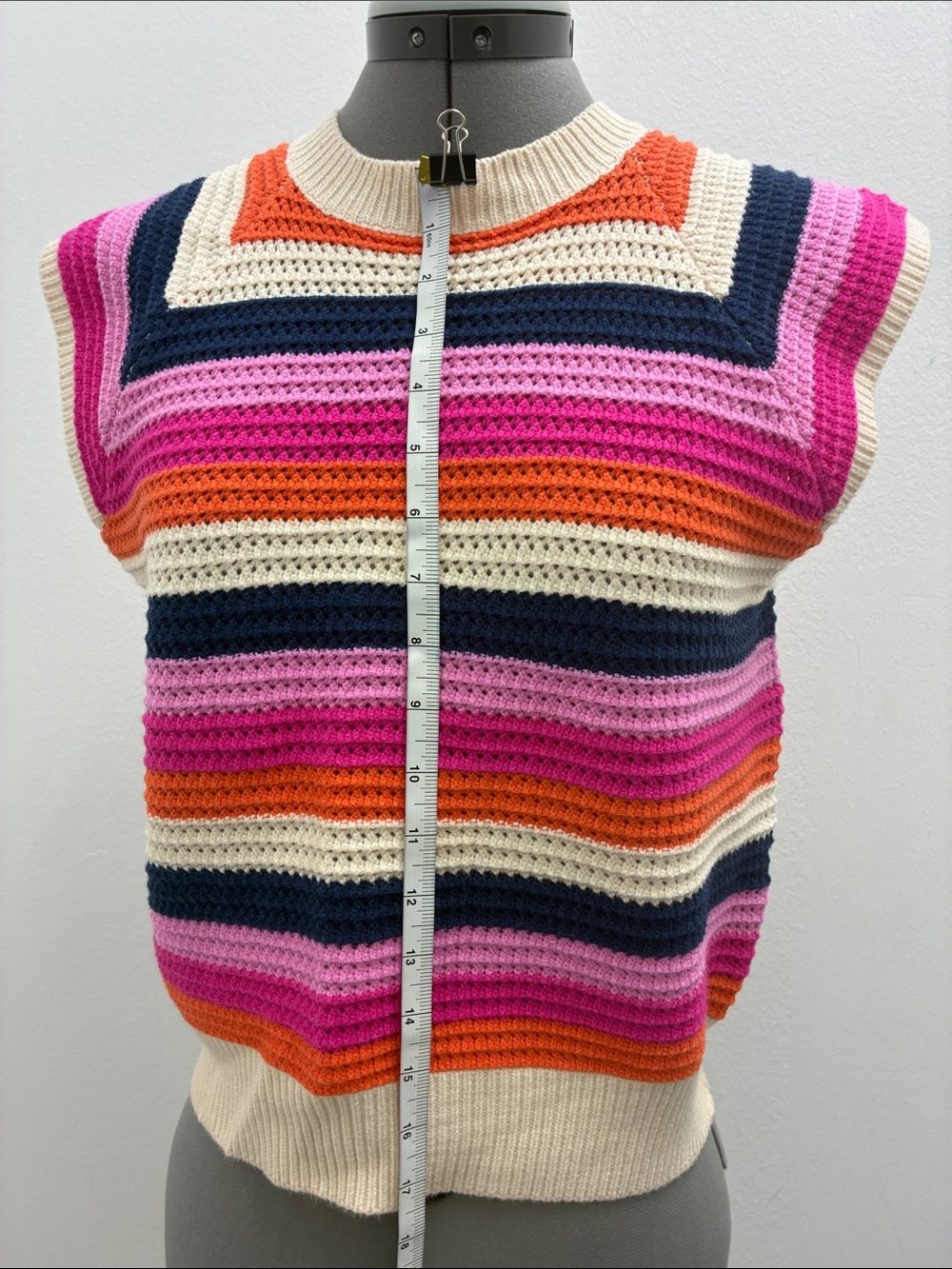 THML Striped Crochet Knit Sleeveless Crew in Pink, Orange, Navy & Cream - Picture 7 of 10